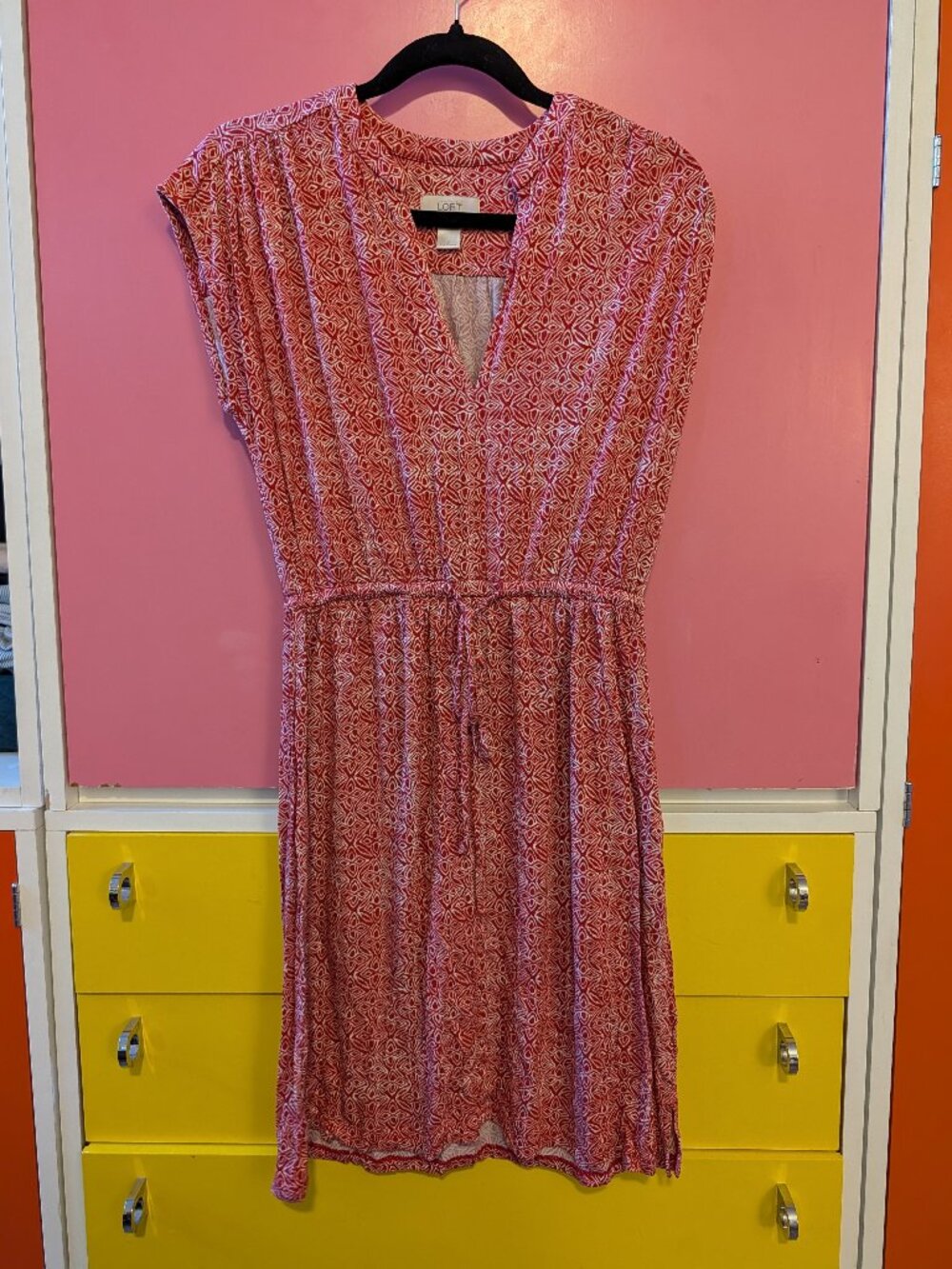 LOFT Red Geometric Print Dress | V-Neck | Drawstring Waist | Size S
